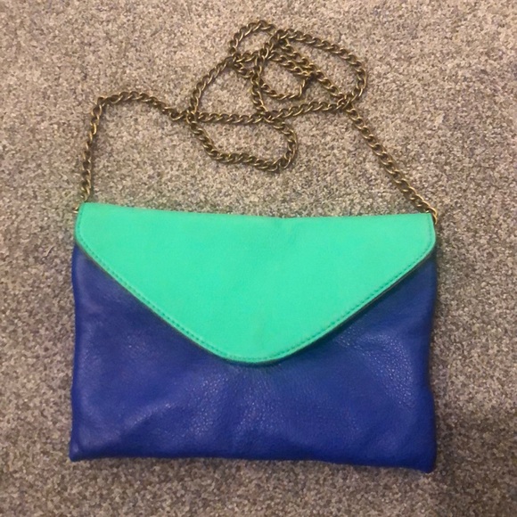 J. Crew Handbags - EUC J CREW Invitation leather Clutch in Colorblock crossbody purse blue / green